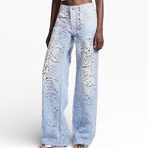 Innovare Denim Rose Burnout Wide Leg Jeans Floral Blue Pants Festival Size 29